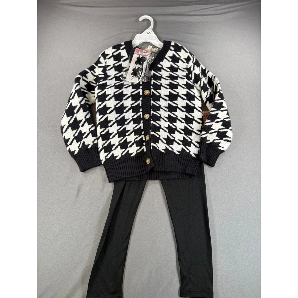 NWT Btween Girls Houndstooth Cardigan Leggings and Hair Clips 3pc Set Size 5